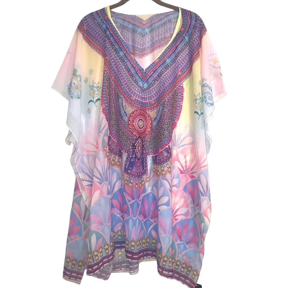 Kimono Style Coverup Colorful Pullover V Neck Rhinestone Pool Beach Swim…